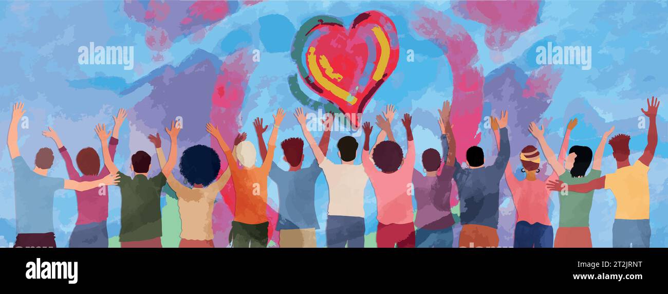 Group of diverse people seen from behind with hands raised. Charitable donation and volunteer work. Support and assistance. People diversity. NGO.Aid Stock Vector