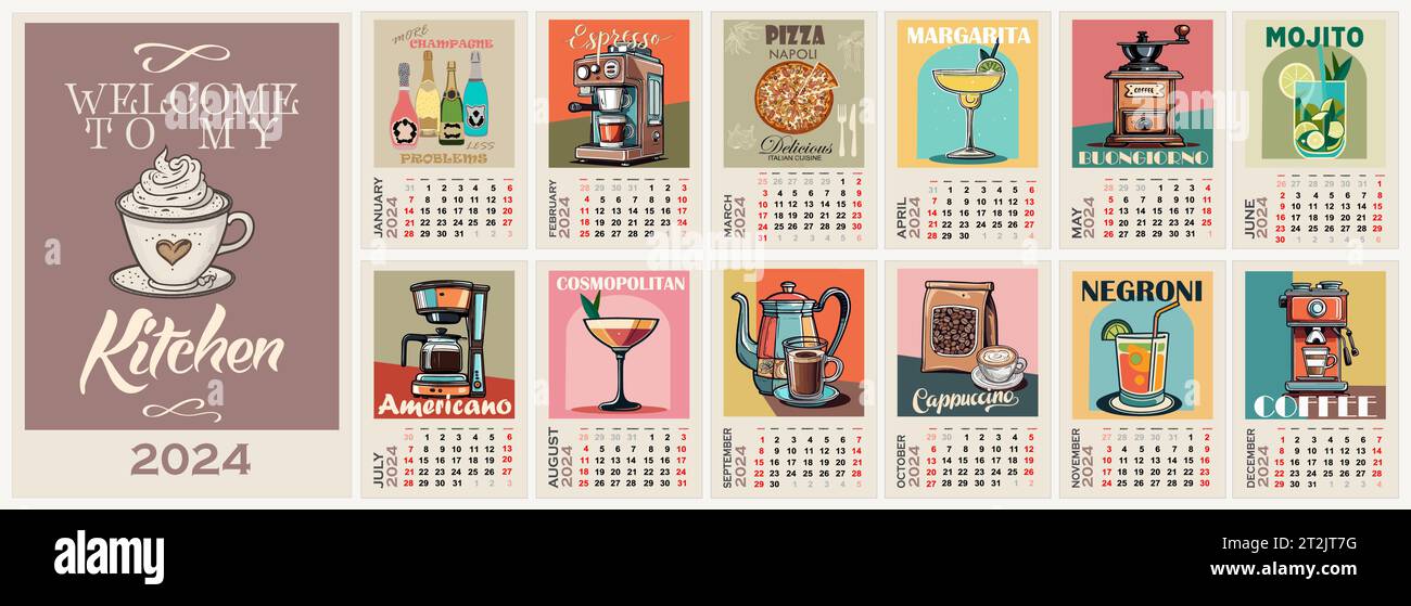 Kitchen wall monthly Calendar template for 2024 Stock Vector Image