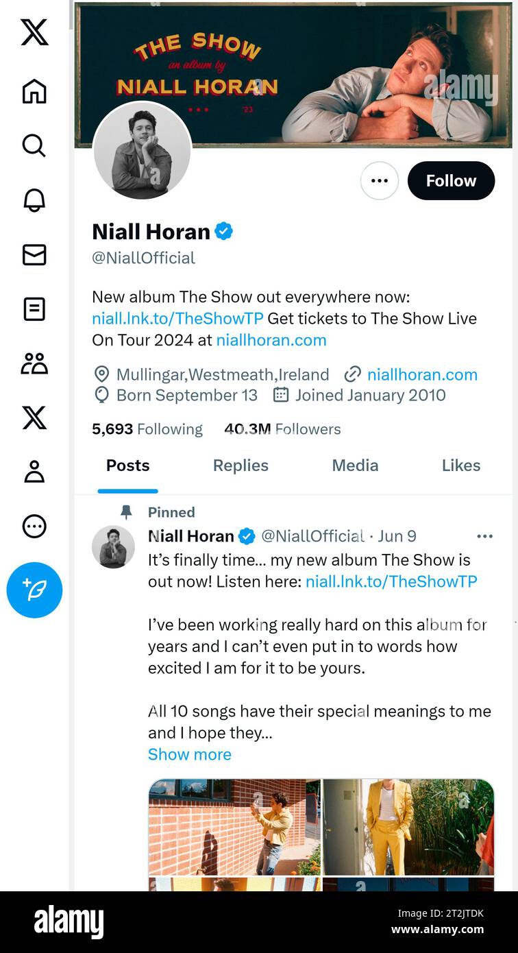 'X' - formerly Twitter - page (Oct 2023) of Niall Horan Stock Photo