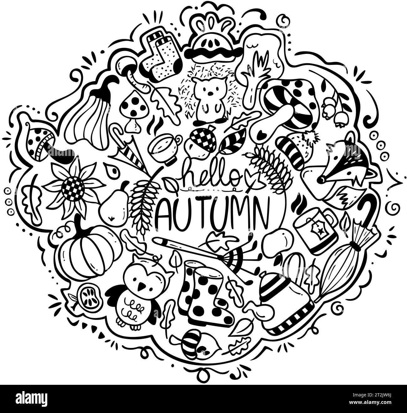 Cute autumn black line drawing illustration in the doodle style Stock