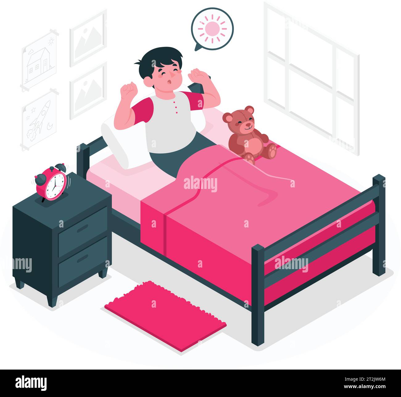 Happy kid waking up. Cute girl stretching on bed in morning. Smiling little child awaking in good mood after healthy sleep at home bedroom. Vector. Stock Vector