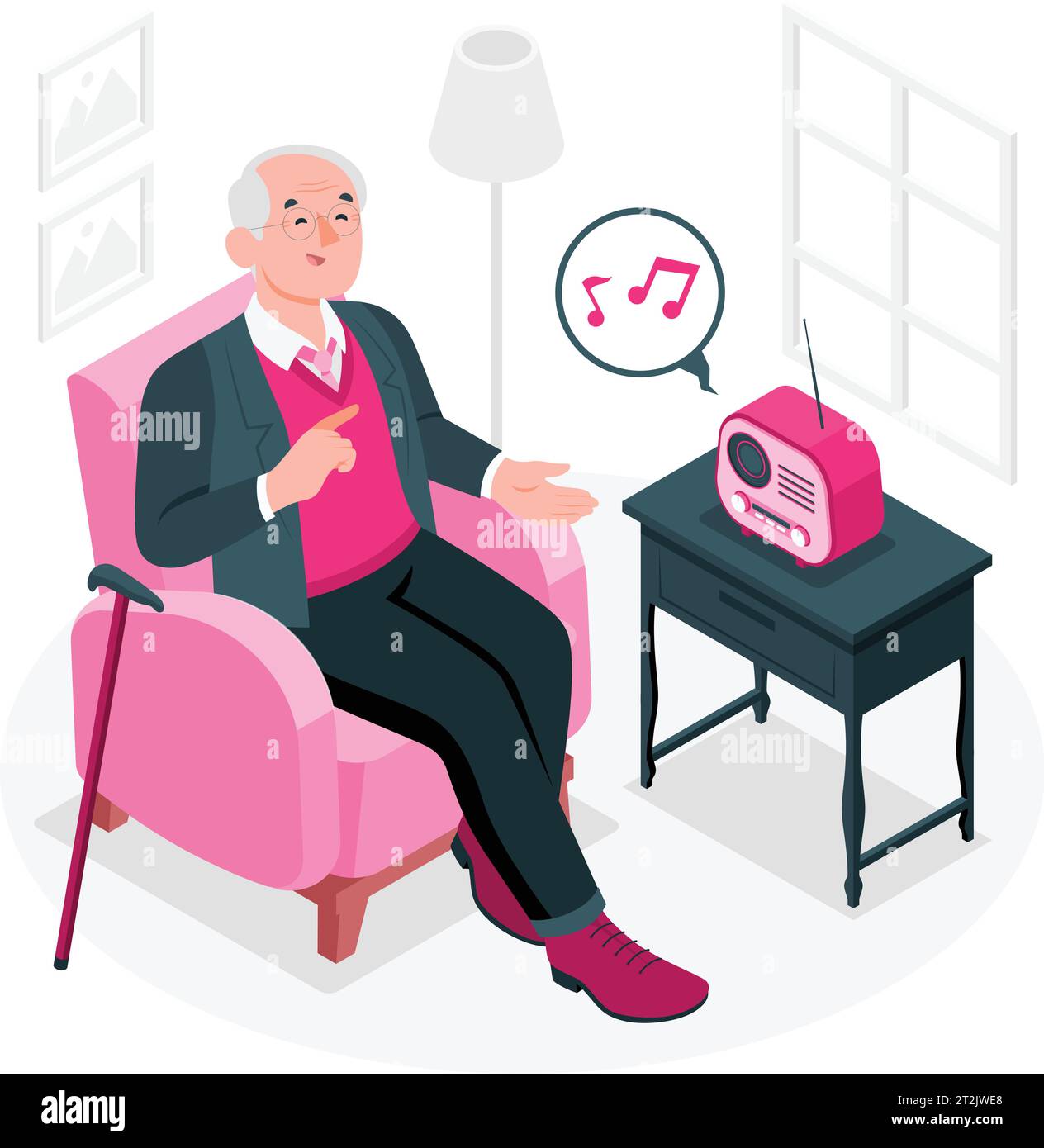 old man listening to the radio concept vector illustration. Stock Vector
