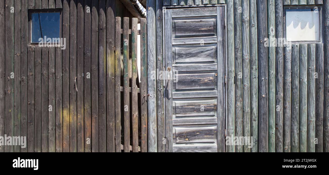 Weathered wooden walls built with logs. Long format Stock Photo