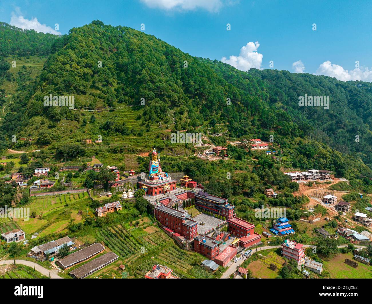 Aerial view of The biggest Guru Rinpoche Statue in Nepal, located in