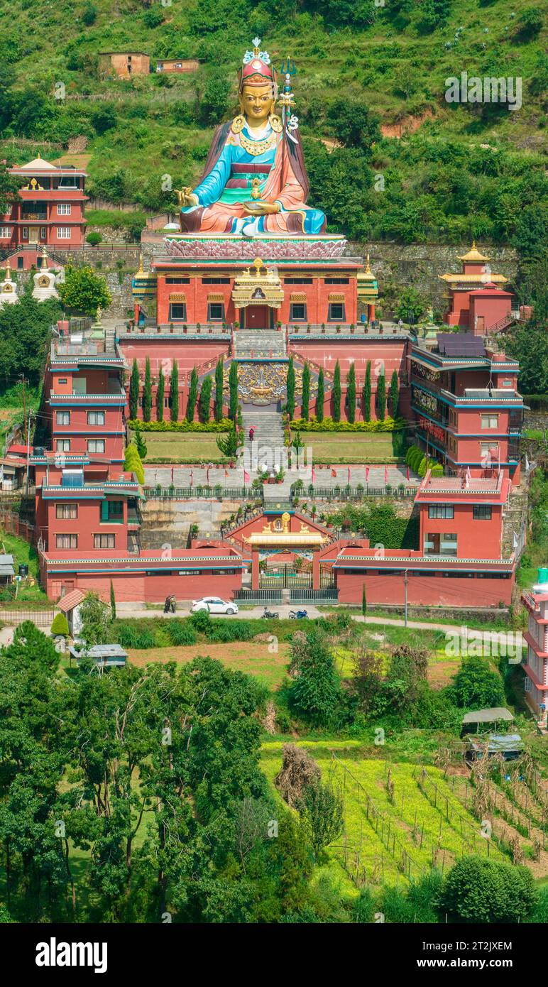 Aerial view of The biggest Guru Rinpoche Statue in Nepal, located in Dollu Monastery, Dakshinkali. Pharping 10-10-2023 Stock Photo