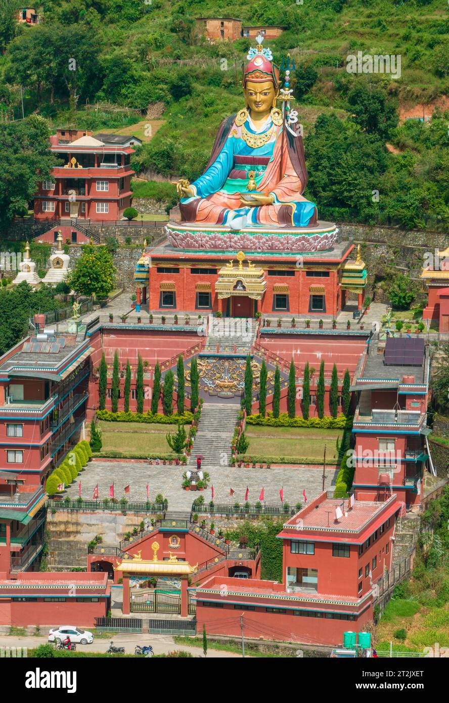 Aerial view of The biggest Guru Rinpoche Statue in Nepal, located in