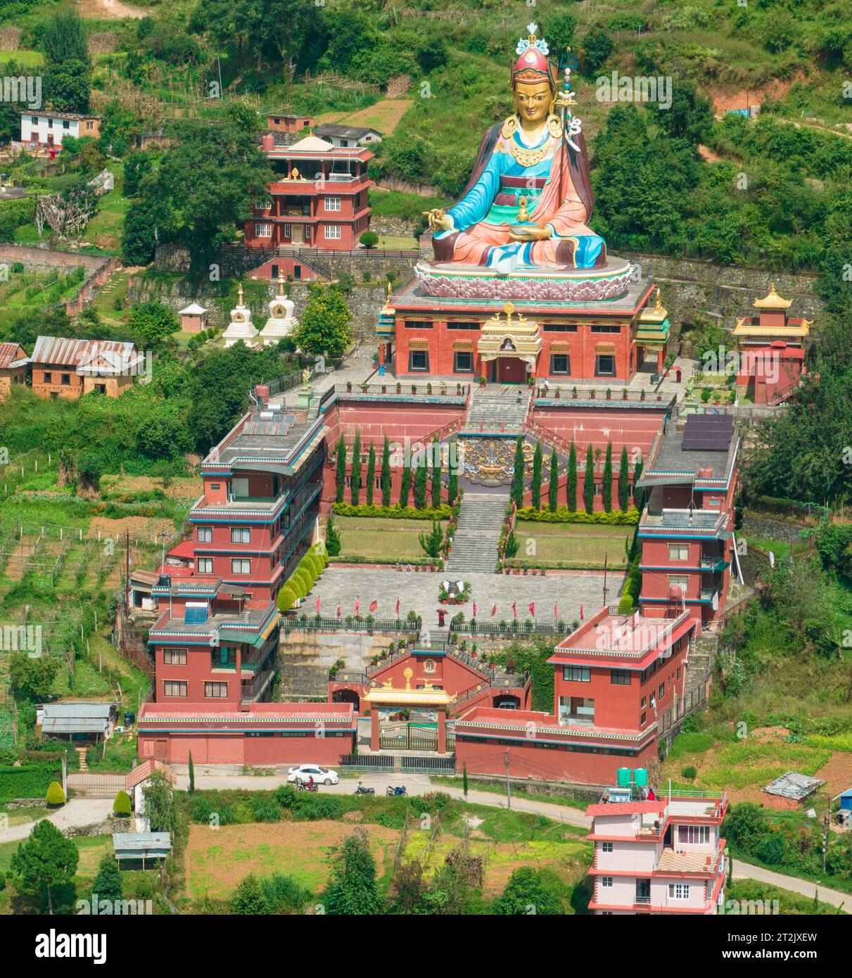Aerial view of The biggest Guru Rinpoche Statue in Nepal, located in