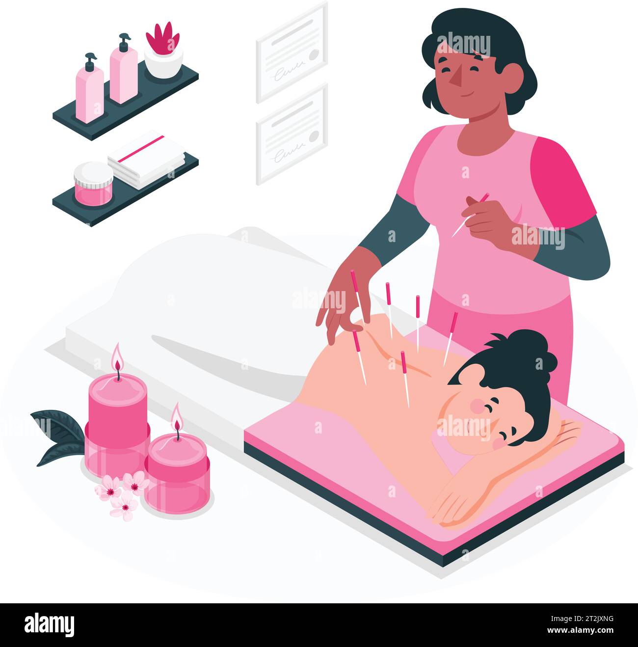 Acupuncture and massage therapy concept. Vector flat people illustration. woman acupunturist and