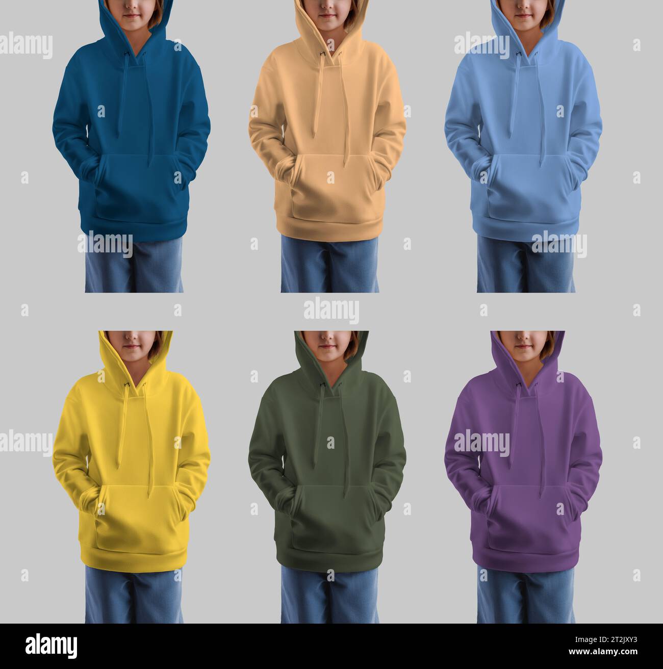 Mockup of a bright kid's hoodie, sweatshirt for a girl, for design, print, front. A set of fashion clothes, yellow, violet, beige, blue, khaki long sl Stock Photo