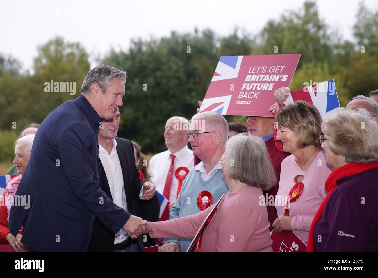 Labour Party leader Sir Keir Starmer meets party supporters as he celebrates with newly elected Labour MP Alistair Strathern, at the Forest Centre in Moretaine, Bedford after winning the Mid Bedfordshire by-election. Picture date: Friday October 20, 2023. Stock Photo