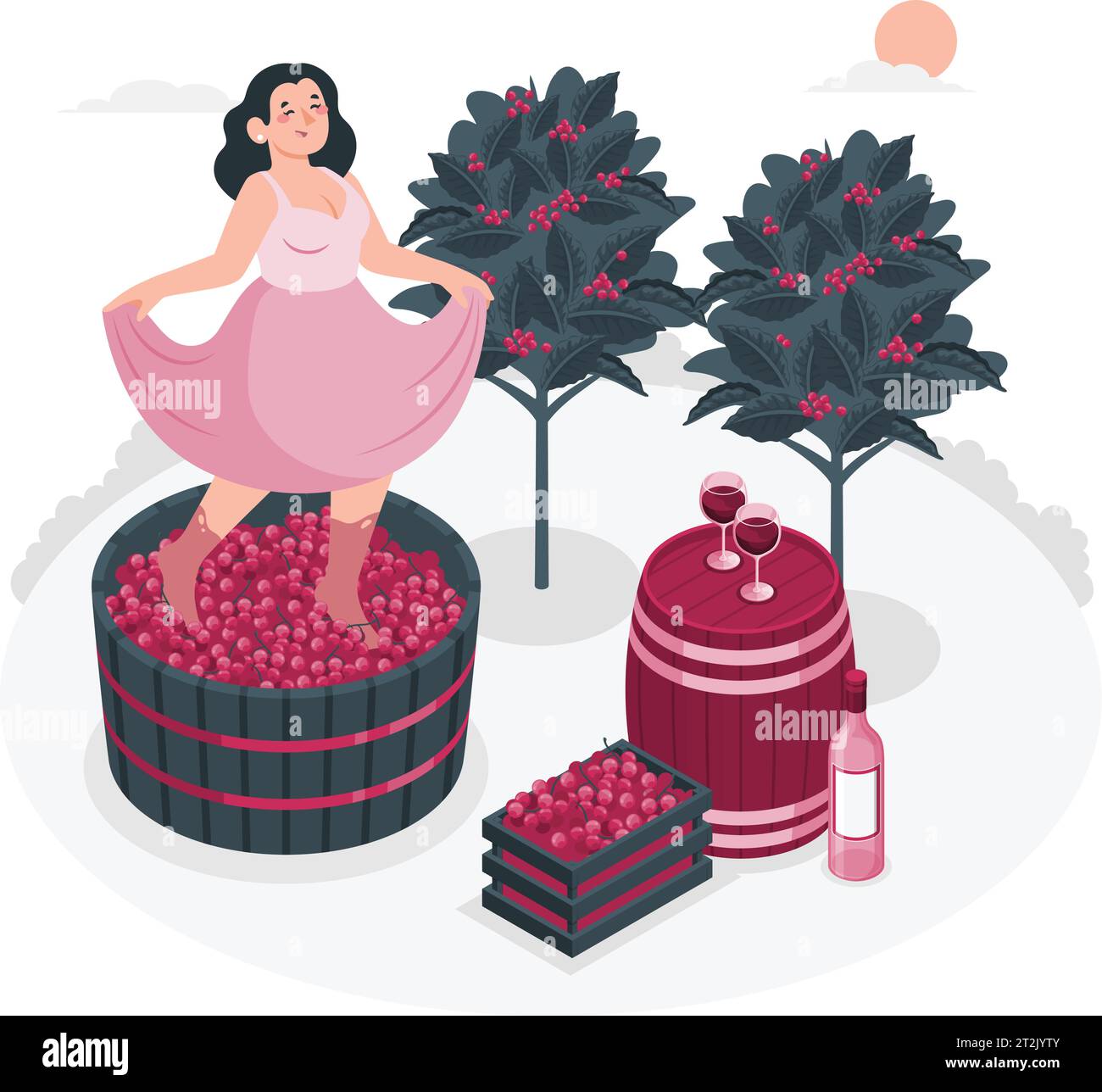 Wine production in traditional winery. Cartoon woman character produce natural vine, grow organic grapes, producing wine product. Stock Vector