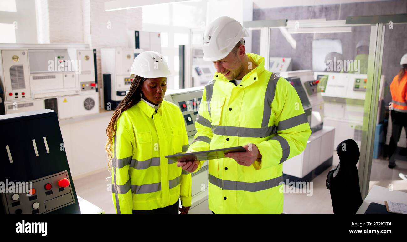 Factory Engineers In Helmets. Checking Industrial Facility Stock Photo