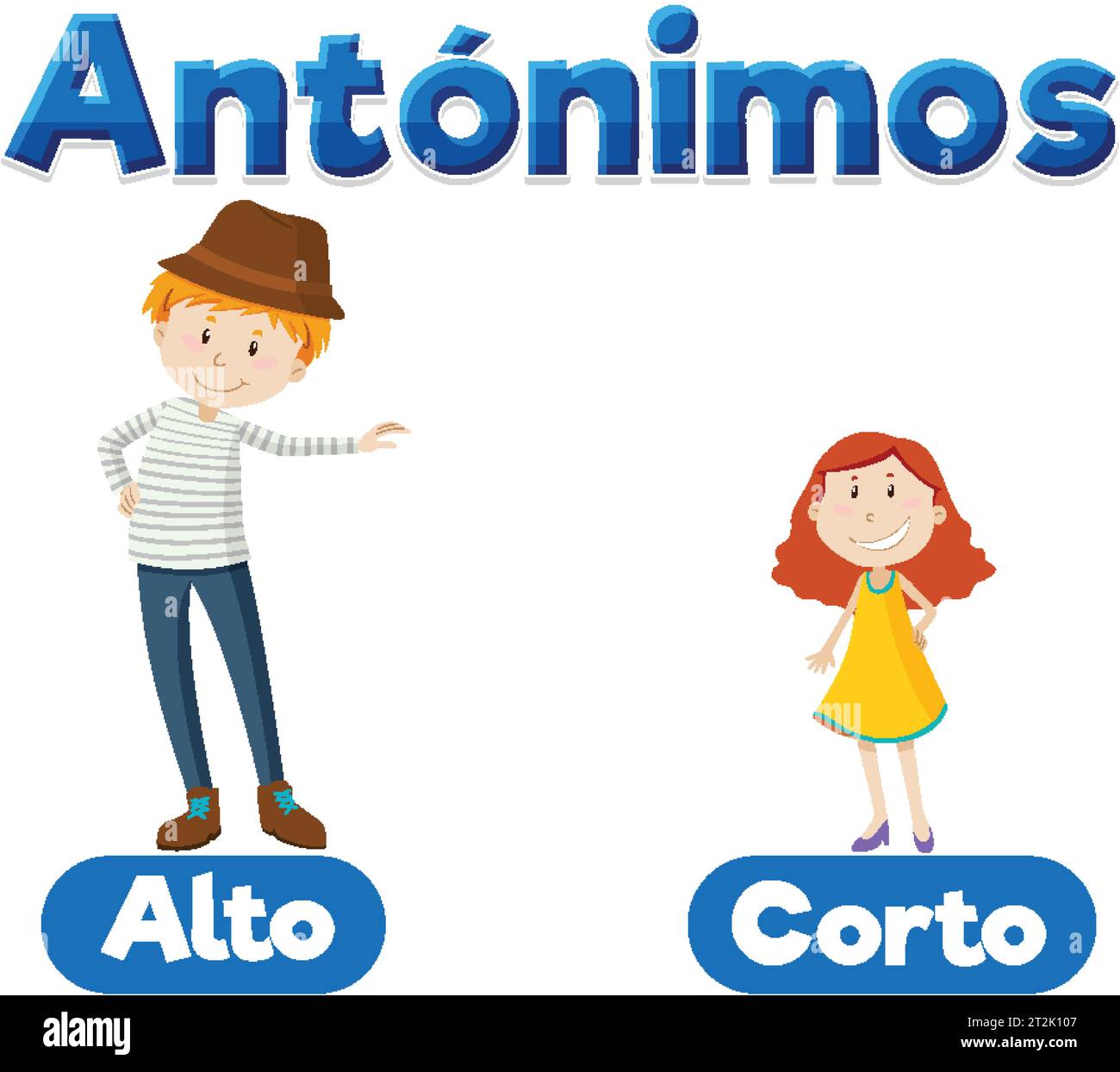 A vector cartoon illustration of antonyms in Spanish language means