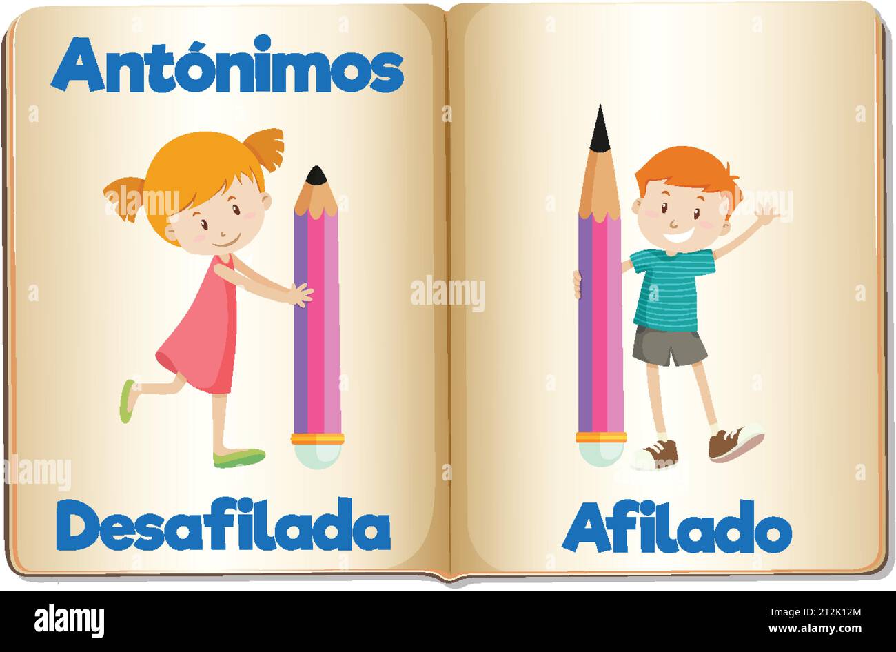Cartoon-style educational antonyms picture depicting the concepts of blunt and sharp in Spanish Stock Vector
