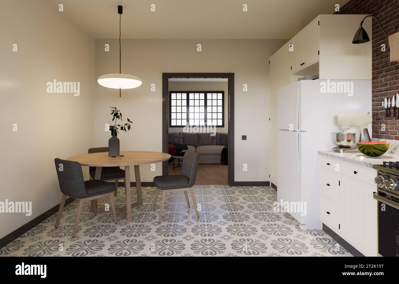 Kitchen interior with swing doors, dining table and kitchen appliances ...