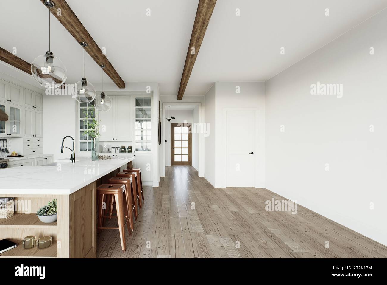 Kitchen interior with empty area and front door Stock Photo - Alamy