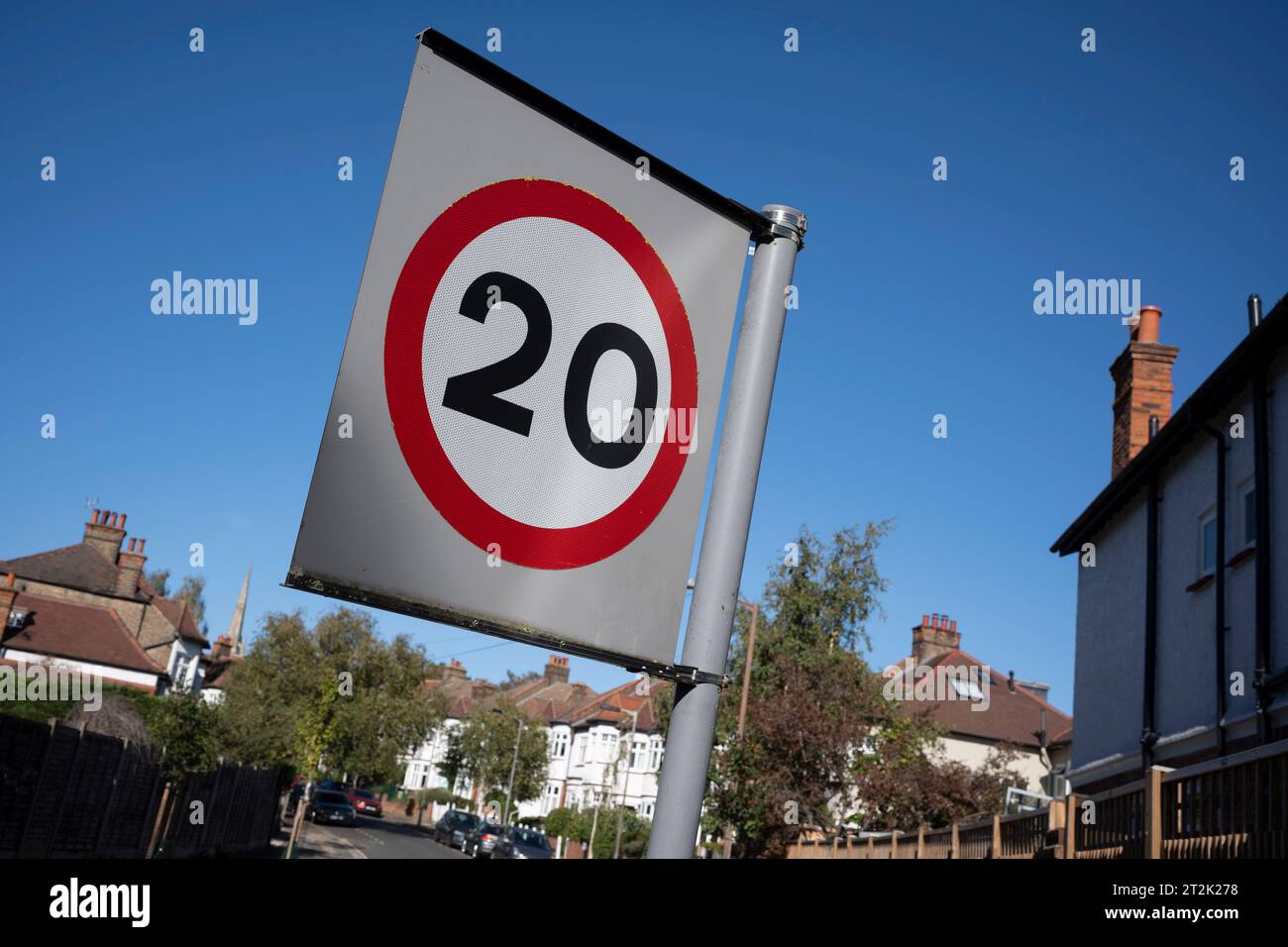 A 20mph speed limit sign is seen on a residential street in Herne Hill, Lambeth, on 20th October 2023, in London, England. Stock Photo