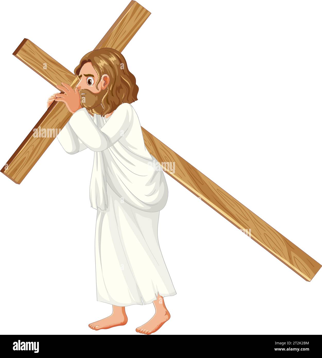 A vector cartoon illustration of Jesus walking on bear feet while carrying a wooden cross Stock Vector