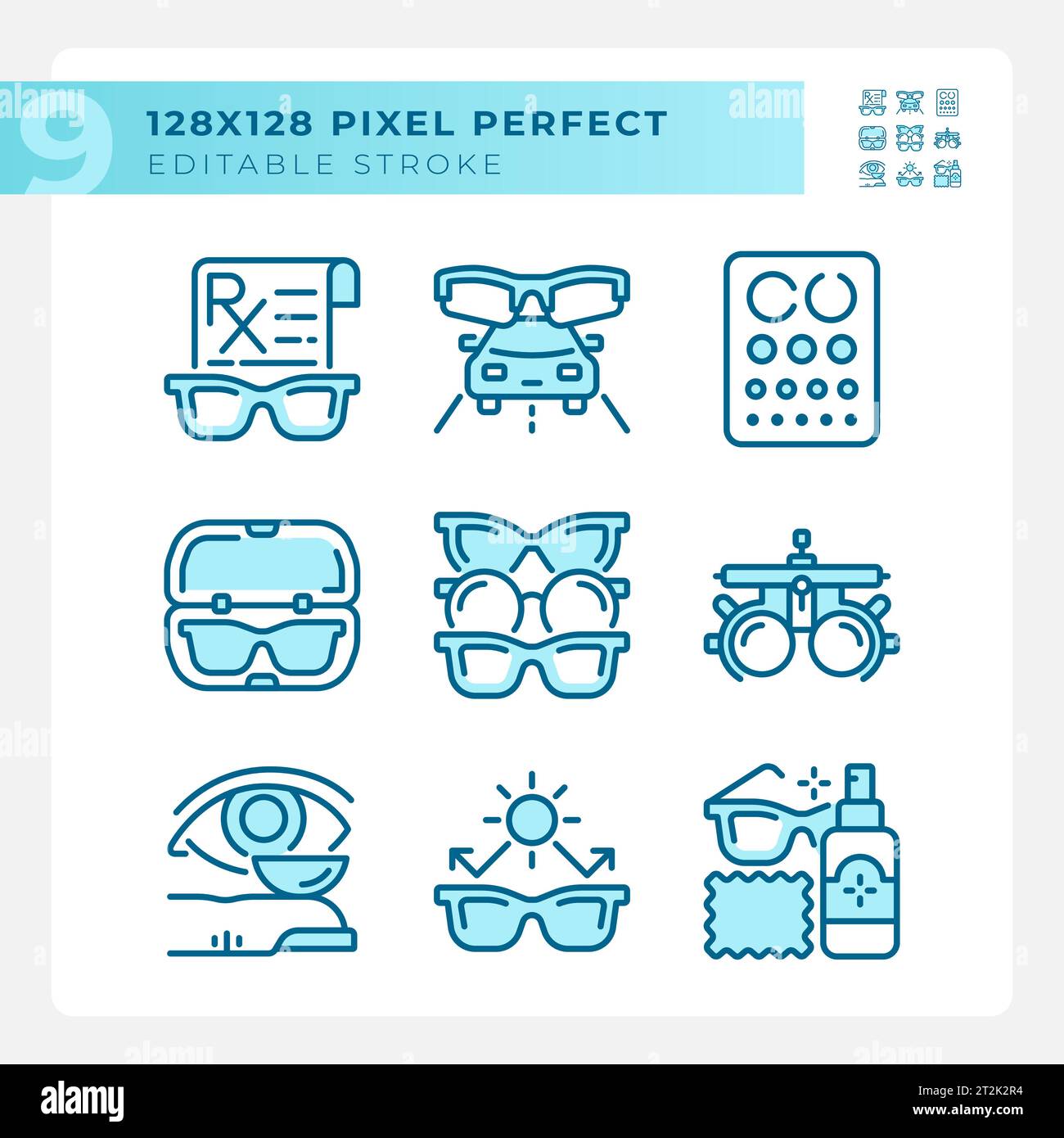 2D customizable pixel perfect blue eye care icons Stock Vector