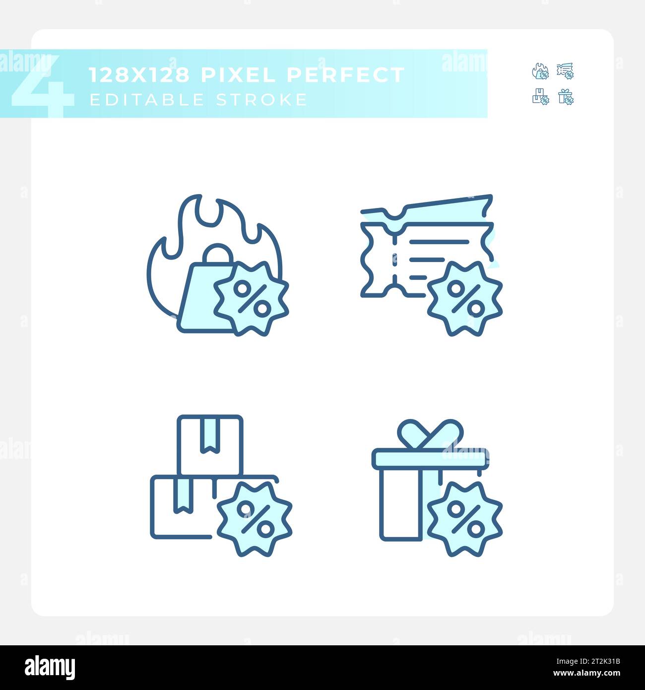 Pixel perfect blue discounts icons set Stock Vector