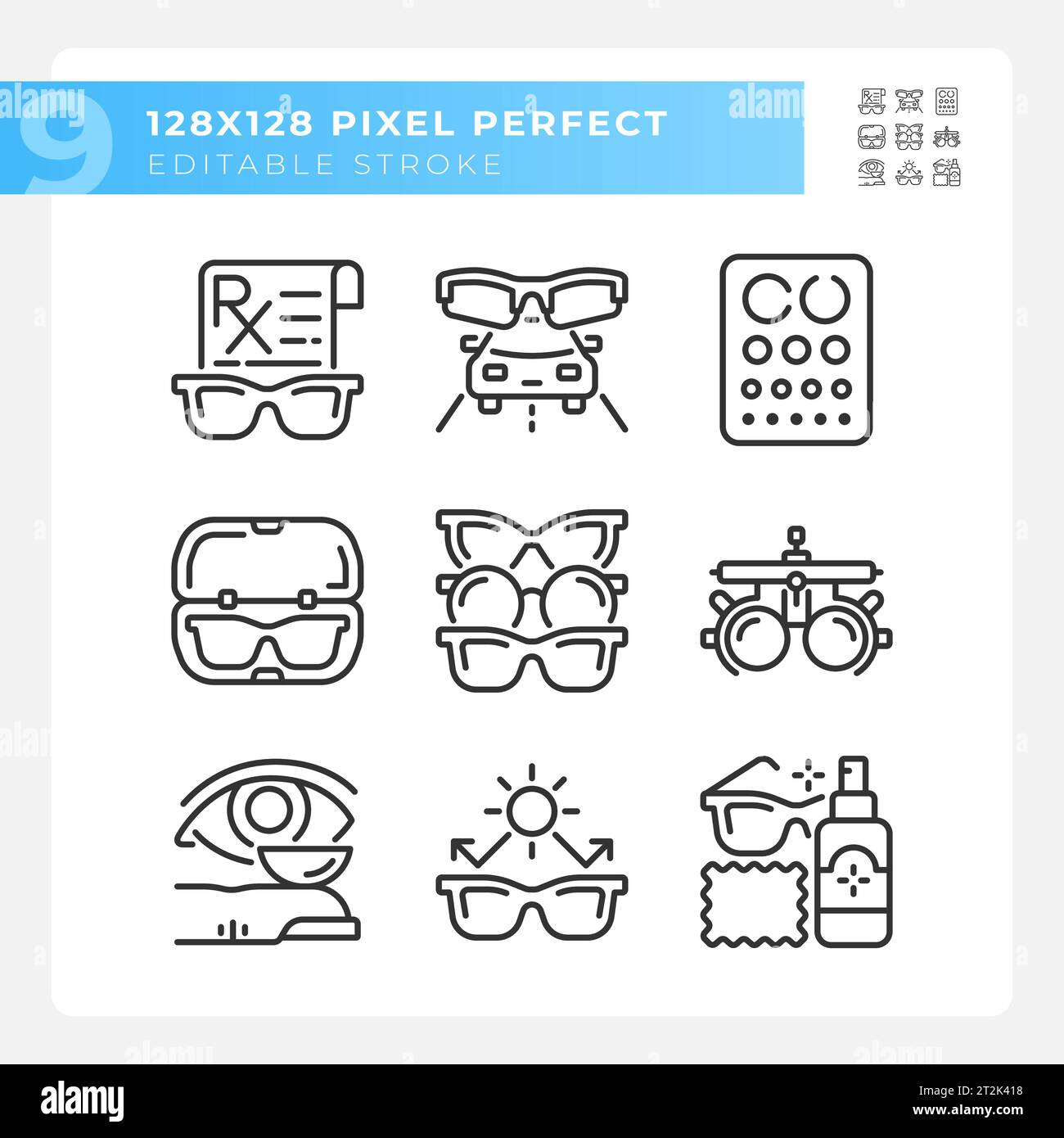 2D customizable pixel perfect black eye care icons Stock Vector