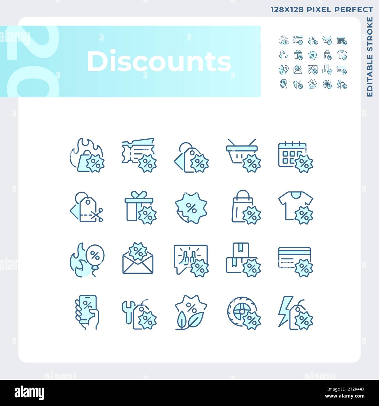 Editable pixel perfect blue discounts icons set Stock Vector