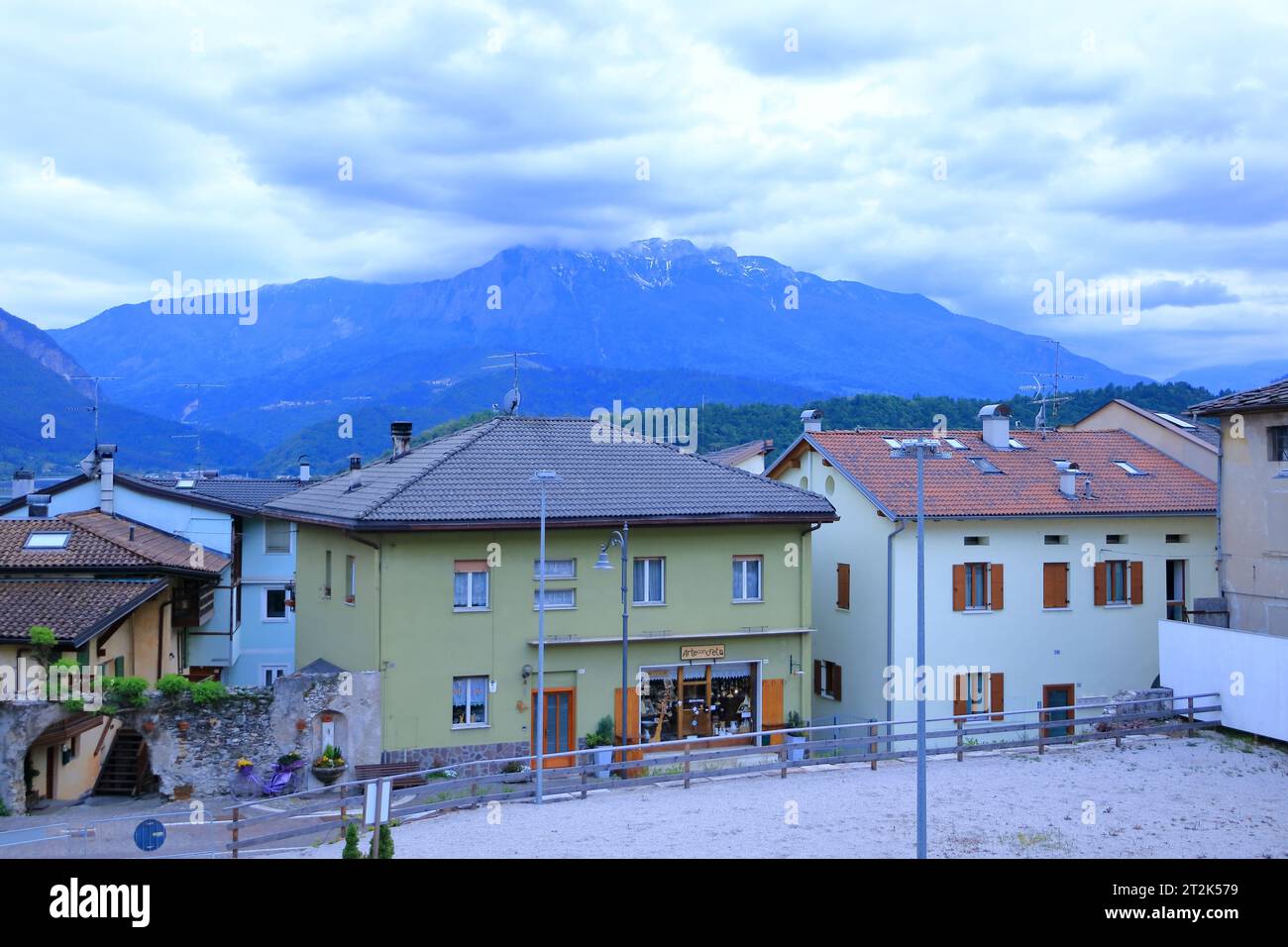 May 18 2023 - Levico Terme, Löweneck in Italy: the center of the village with tourists Stock Photo