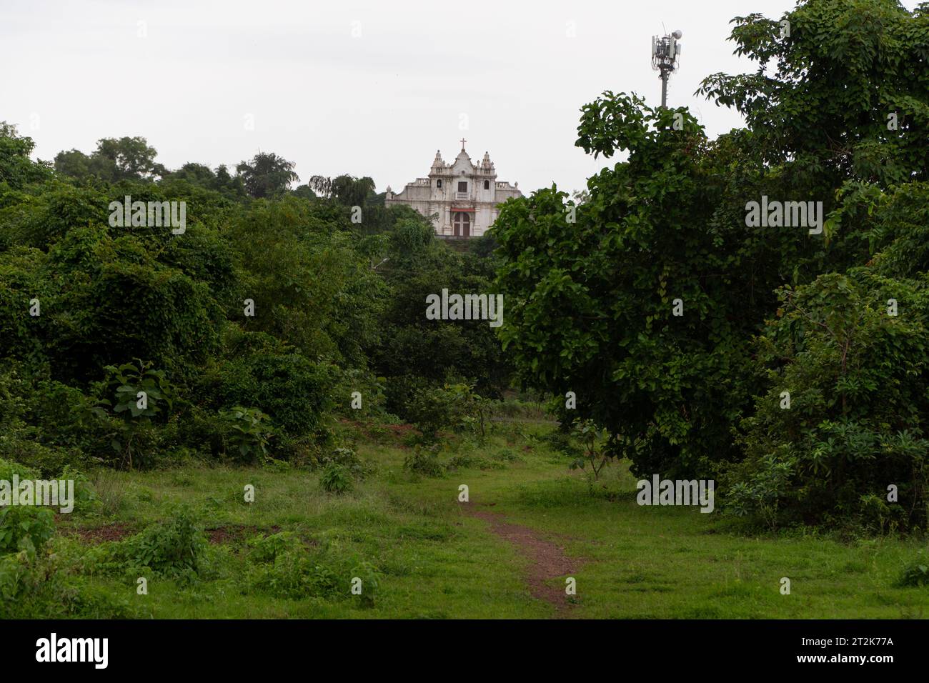 Path through the forest leading to the St. Xavier's chapel in the distance on the Monte hill at Benaulim in Goa, India. Stock Photo