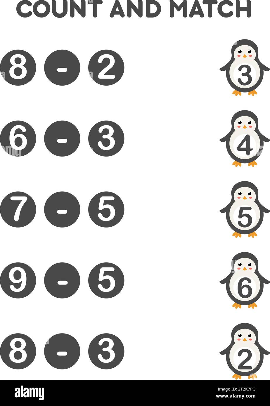 Math substraction game for kids count and match with cute penguin