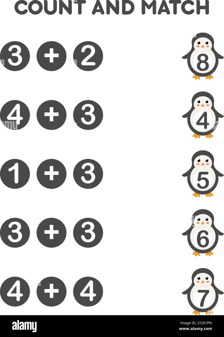 Math addition game for kids. Count and match with cute penguin