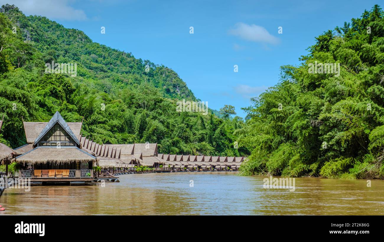 Wooden floating raft house in river Kwai Kanchanaburi, Thailand Stock