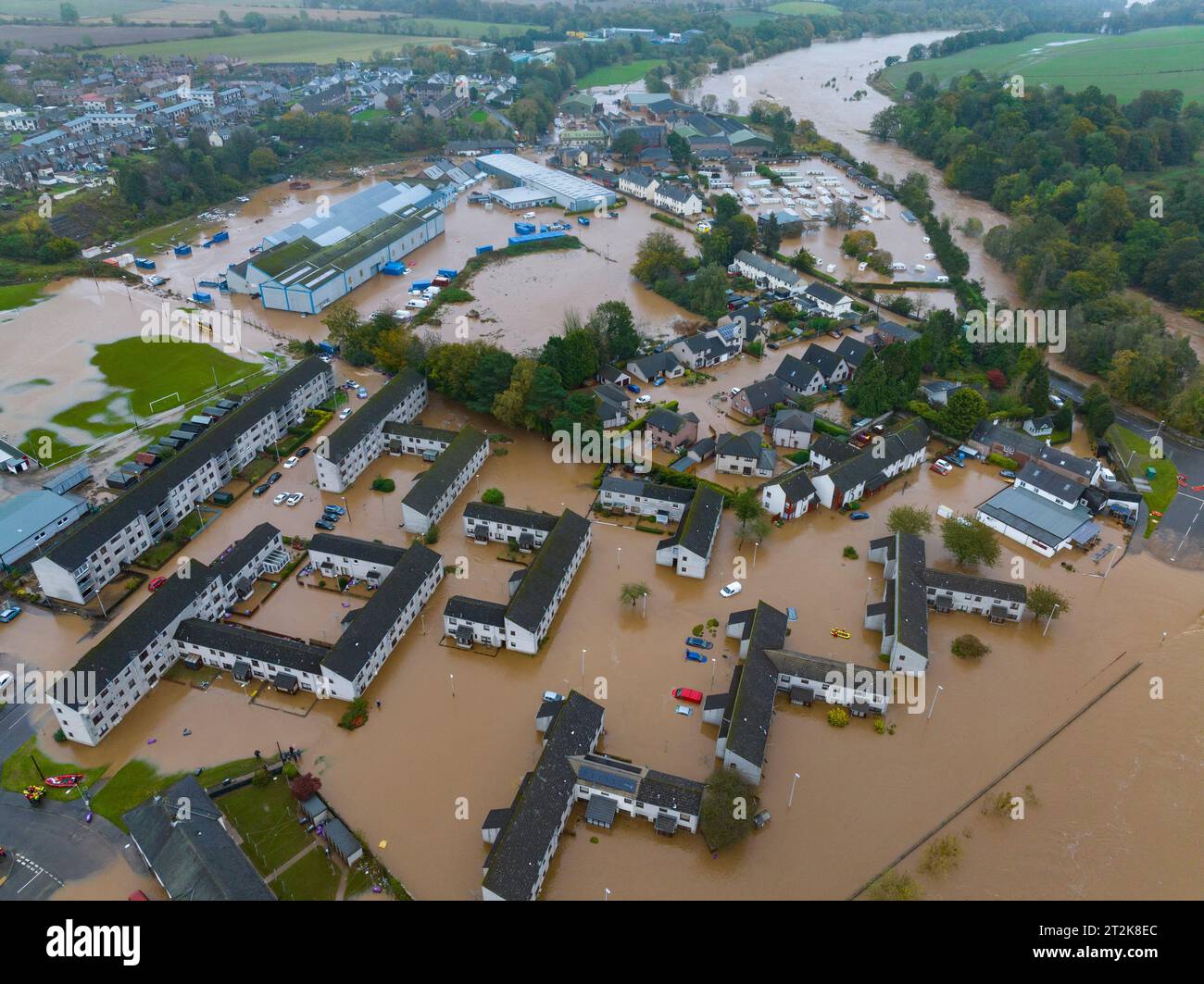 Brechin, Scotland, UK. 20th October 2023.  Aerial views of Brechin after the River South Esk breaks its banks in the early hours on Friday. Many streets adjacent to the river are flooded and residents were evacuated on Thursday night until Friday morning. Storm Babet has brought exceptionally heavy rainfall and winds over the last 24hours. Iain Masterton Stock Photo