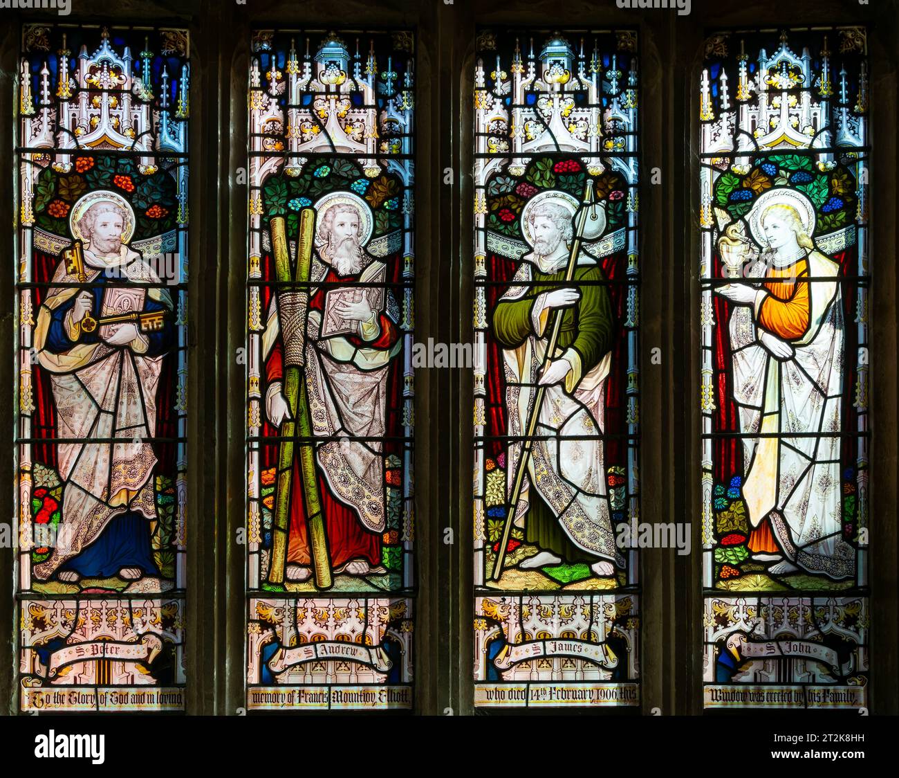 Stained glass window of four saints c 1906, church of Saint Nicholas, Biddestone, Wiltshire, England, UK Stock Photo