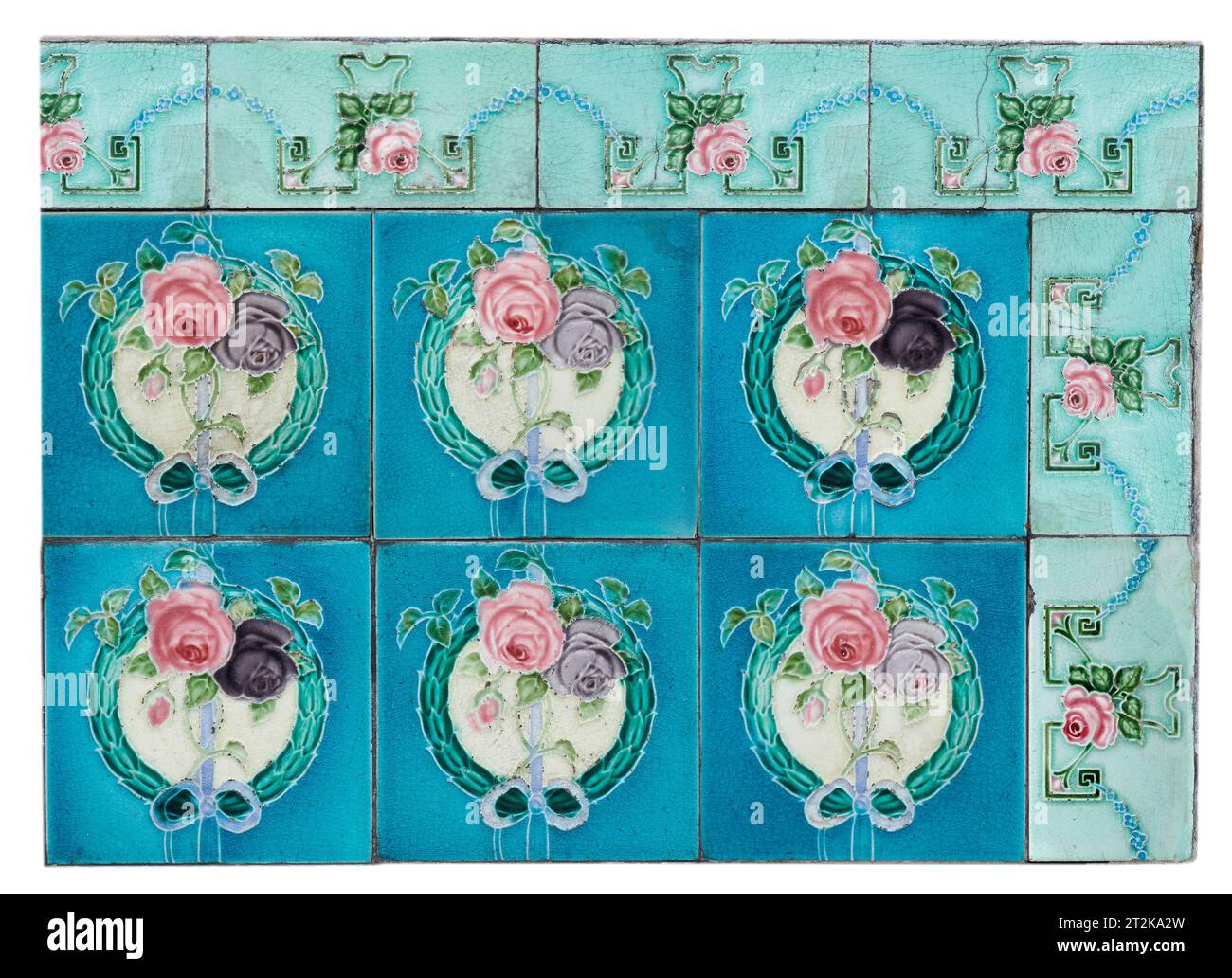 Rows of antique Nyonya Tiles with red and purple roses. Vintage blue