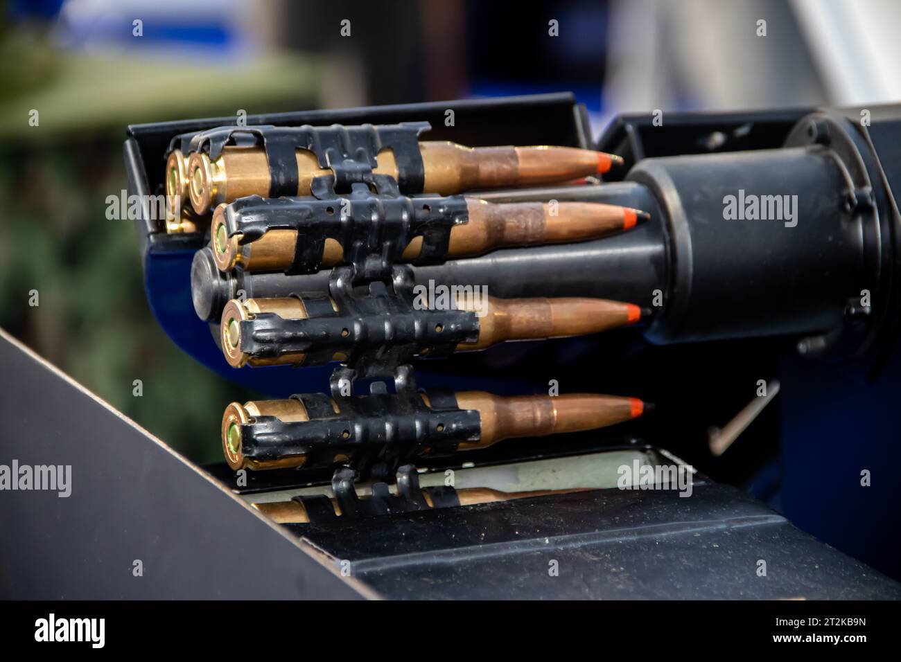 Close up of of bullets 11,8mm caliber in a coaxial machine gun, exposed at Military equipment international exhibition in Belgrade Stock Photo
