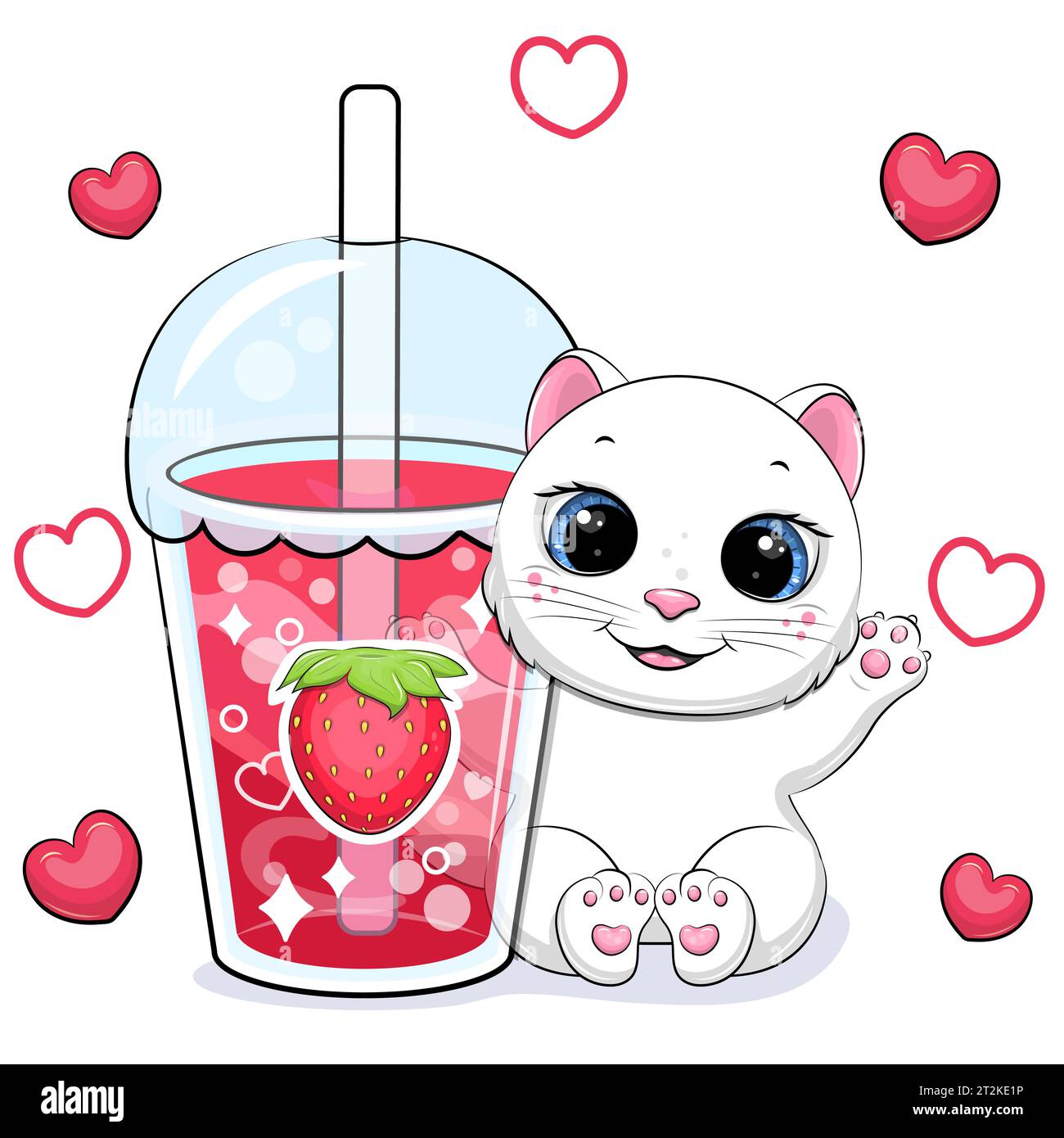 Cute cartoon white cat with a big strawberry drink. Vector illustration ...