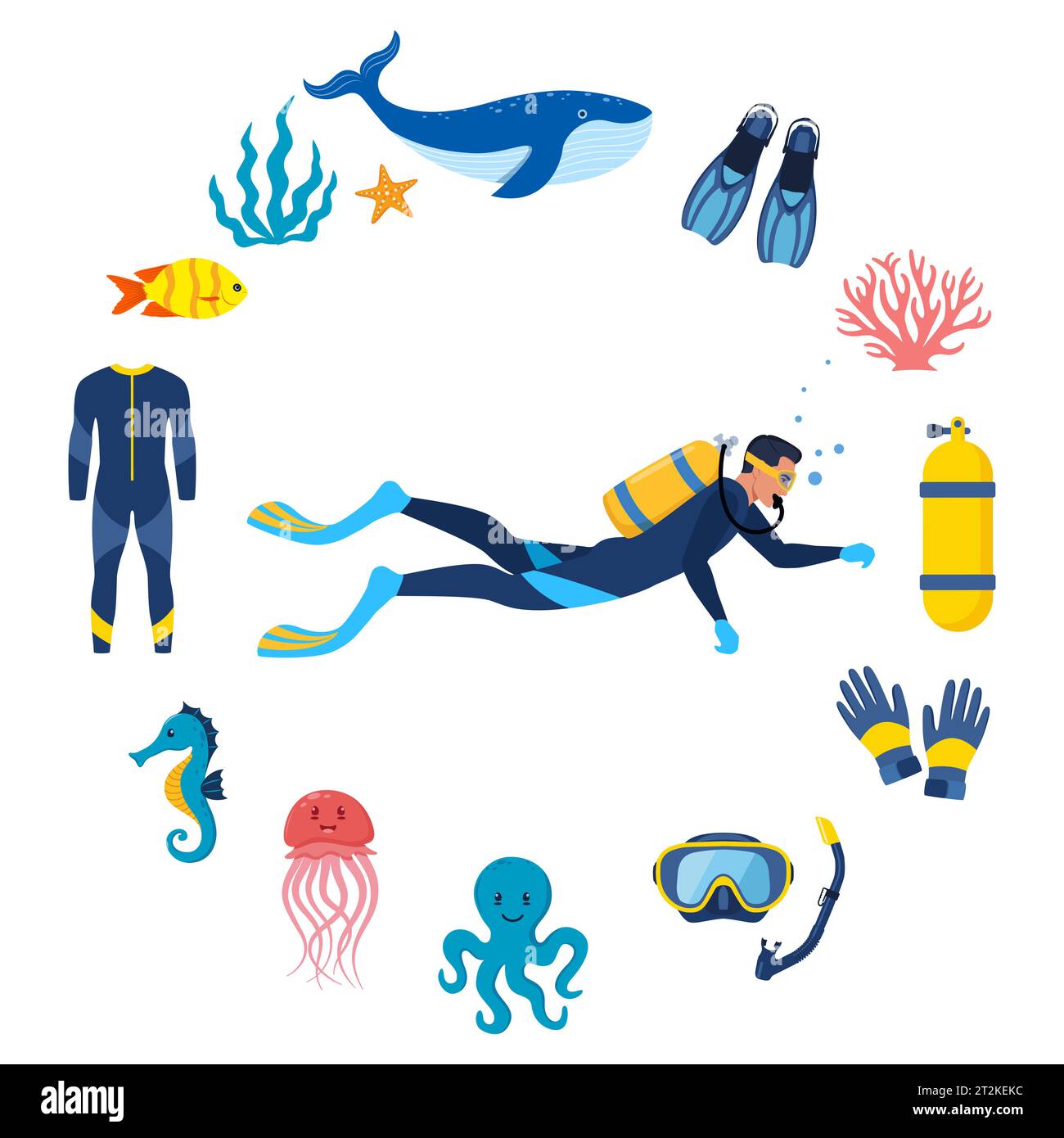 Diving and underwater world, set of elements. Diver with aqualung