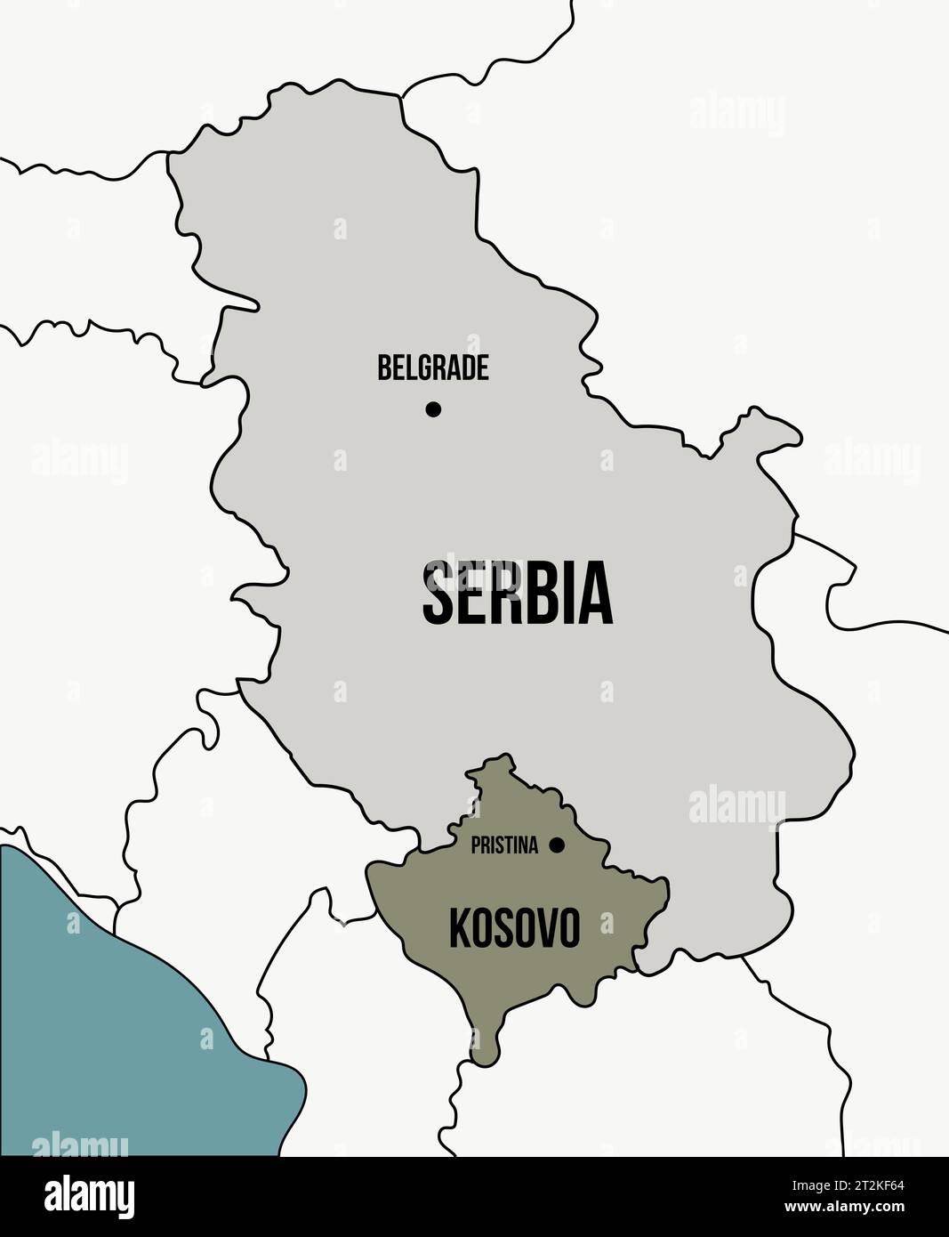 Simple map with borders between Republic of Serbia and the Republic of Kosovo and main cities. Crisis between Belgrade and Pristina. Vector illustrati Stock Vector