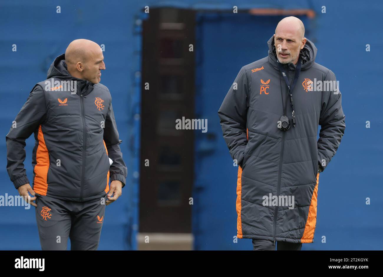 Rangers manager Philippe Clement walks out with his backroom staff Alex Rae (left) during a