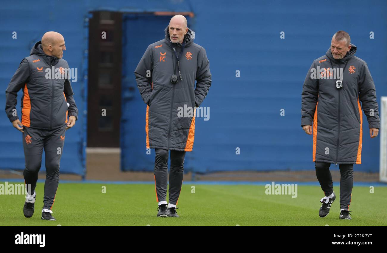 Rangers manager Philippe Clement walks out with his backroom staff Alex Rae (left) and Stephan