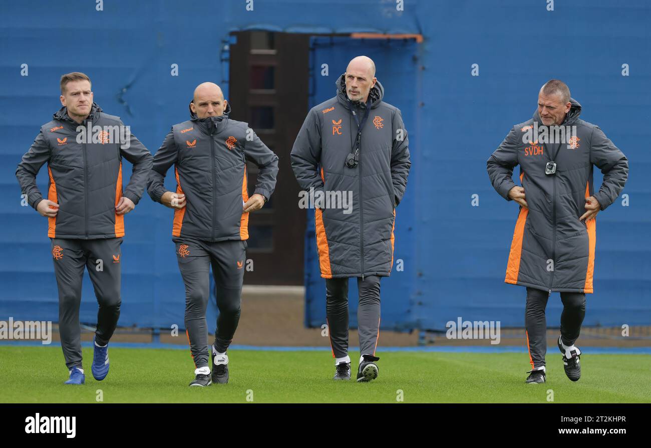 Rangers manager Philippe Clement walks out with his backroom staff Steve Davies (left), Alex Rae