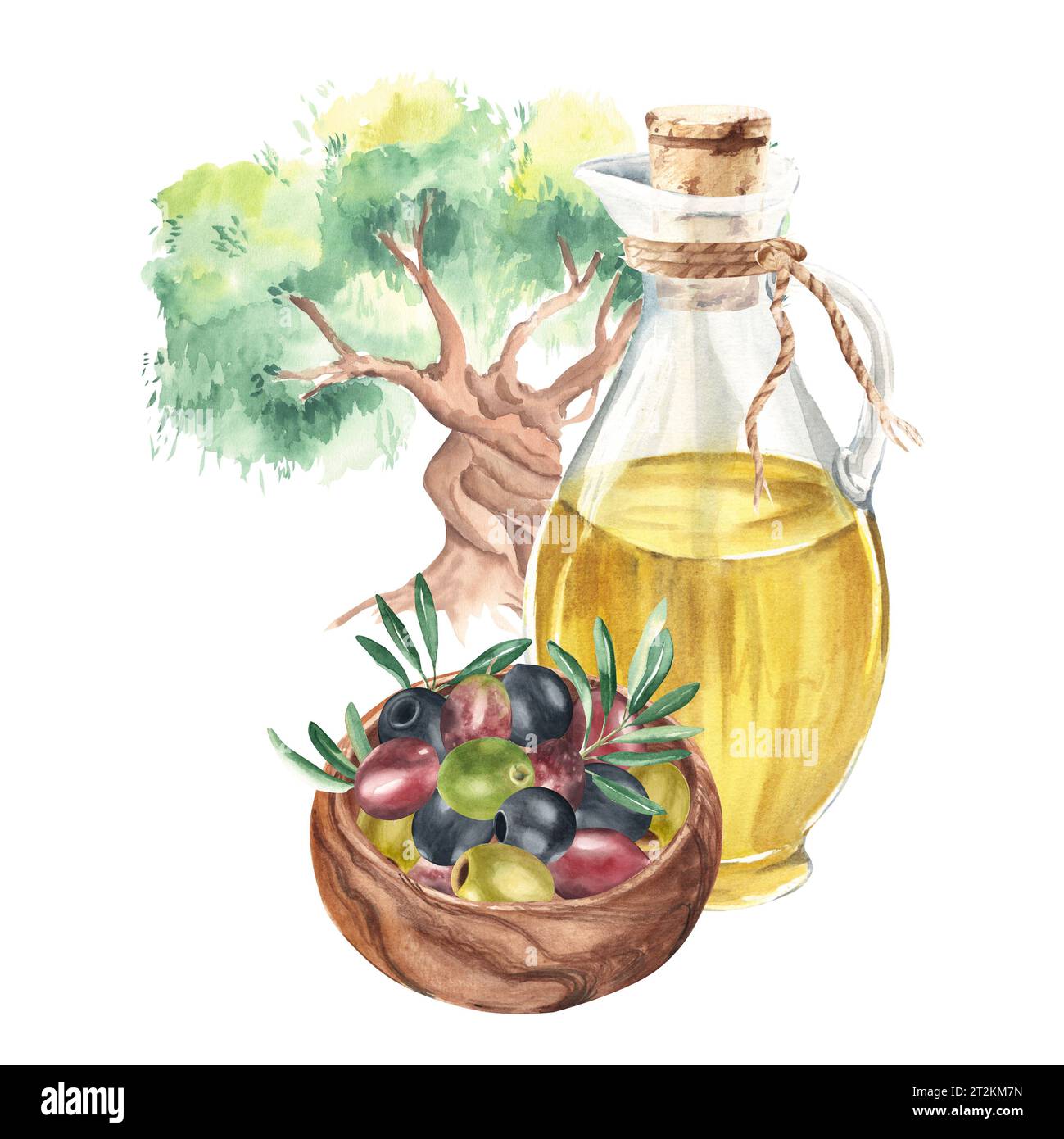 Composition of glass jug with olive oil, olives and olive branches in ...