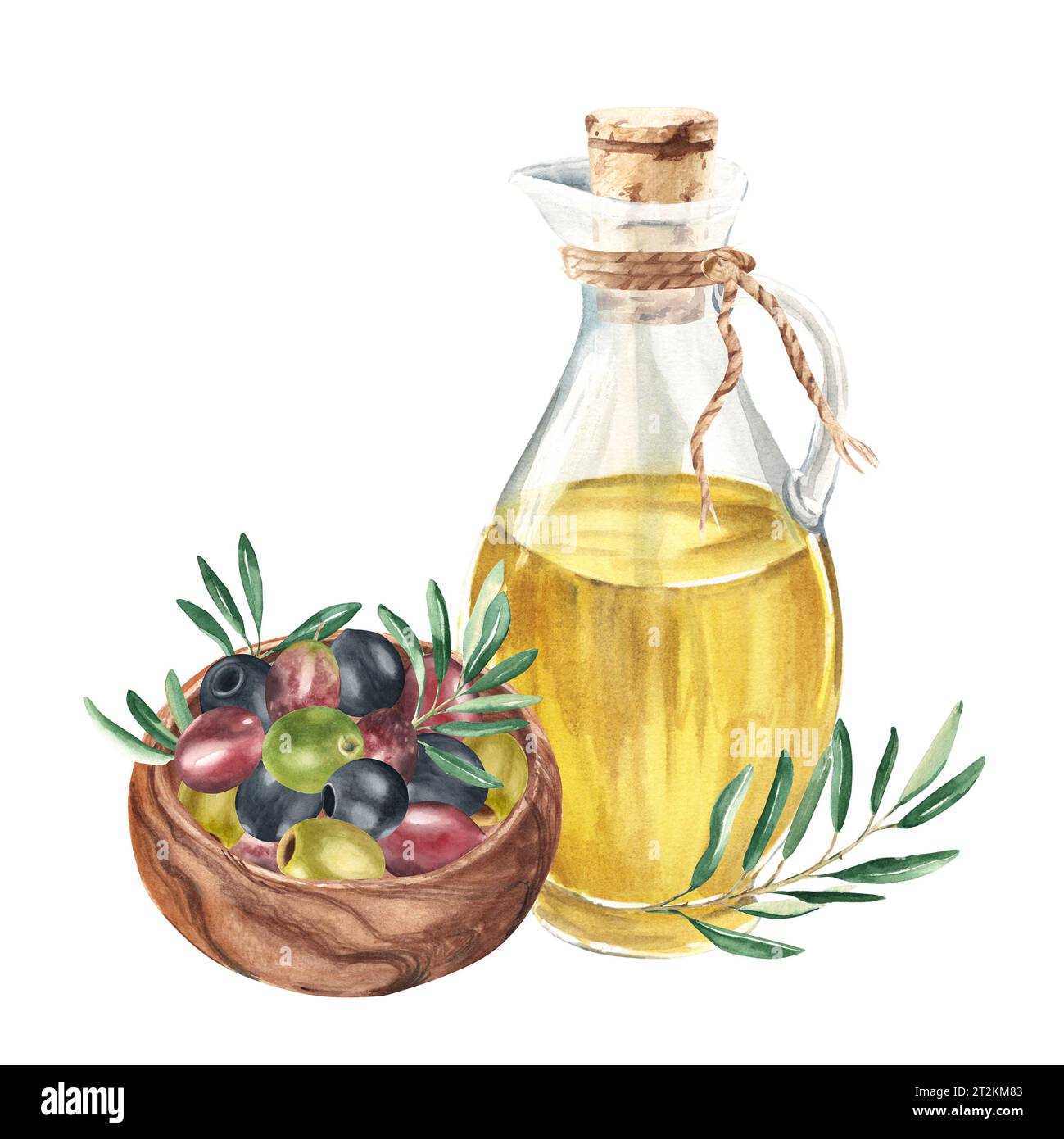 Composition of glass jug with olive oil, olives and olive branches in ...