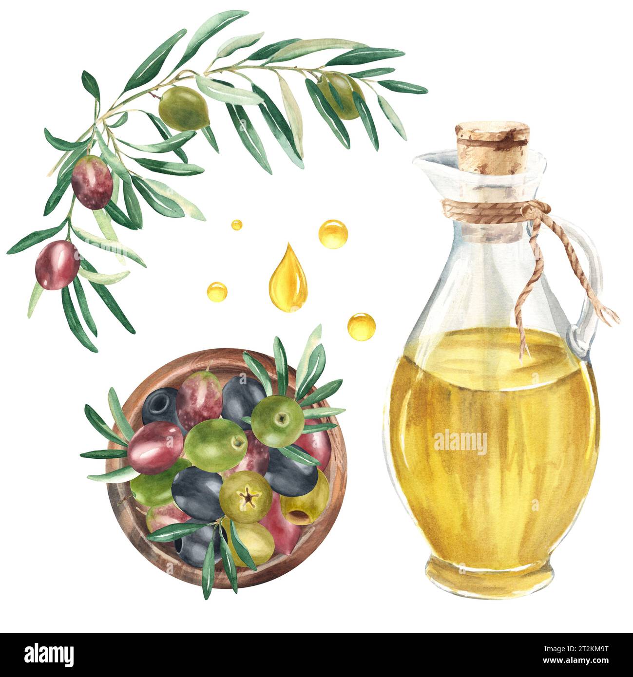 Set of olive oil glass jug, oil drops, olive fruit and branch in wooden ...