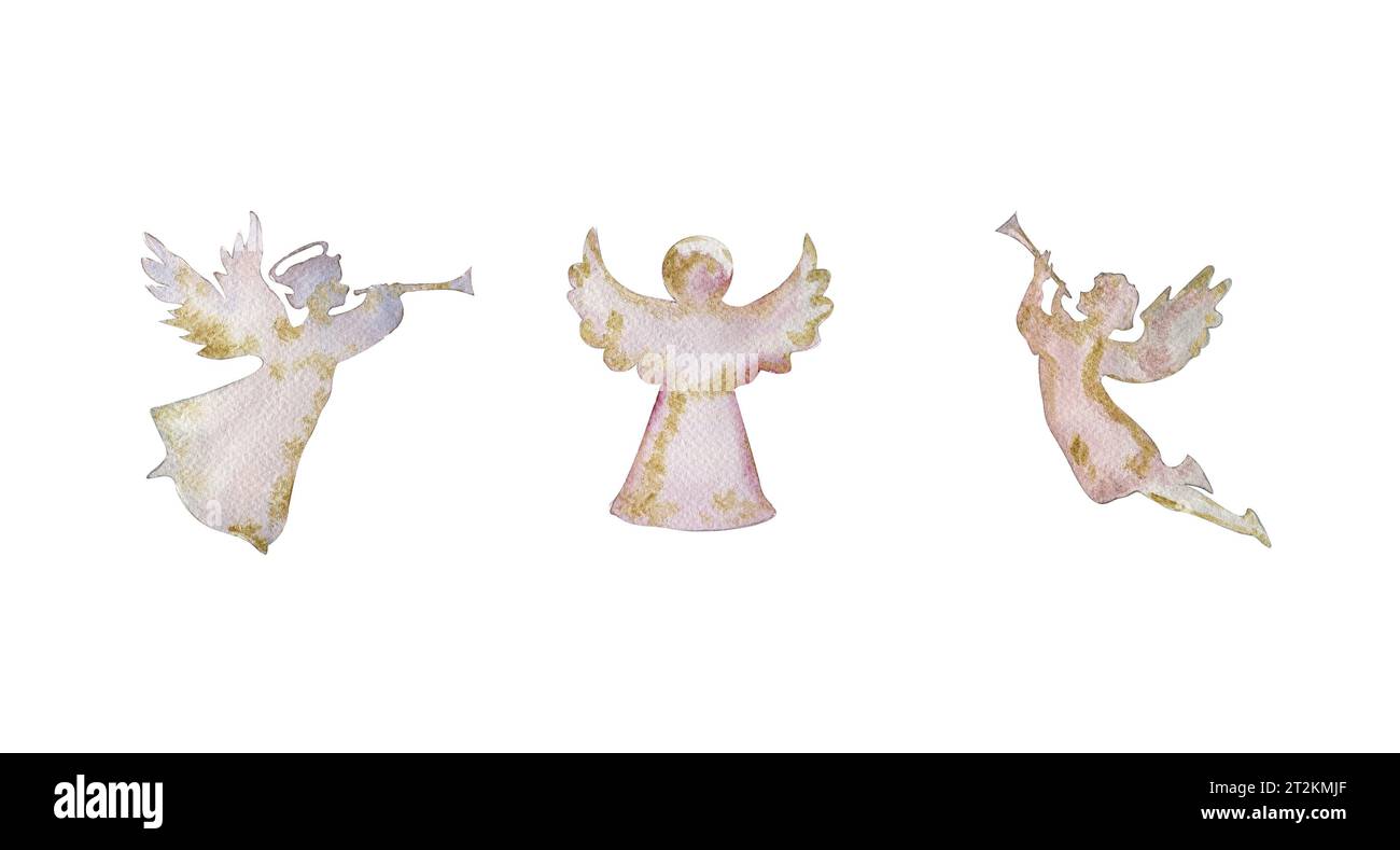 Christmas silhouette of angels . Watercolor Christmas hand drawn illustration for stickers
