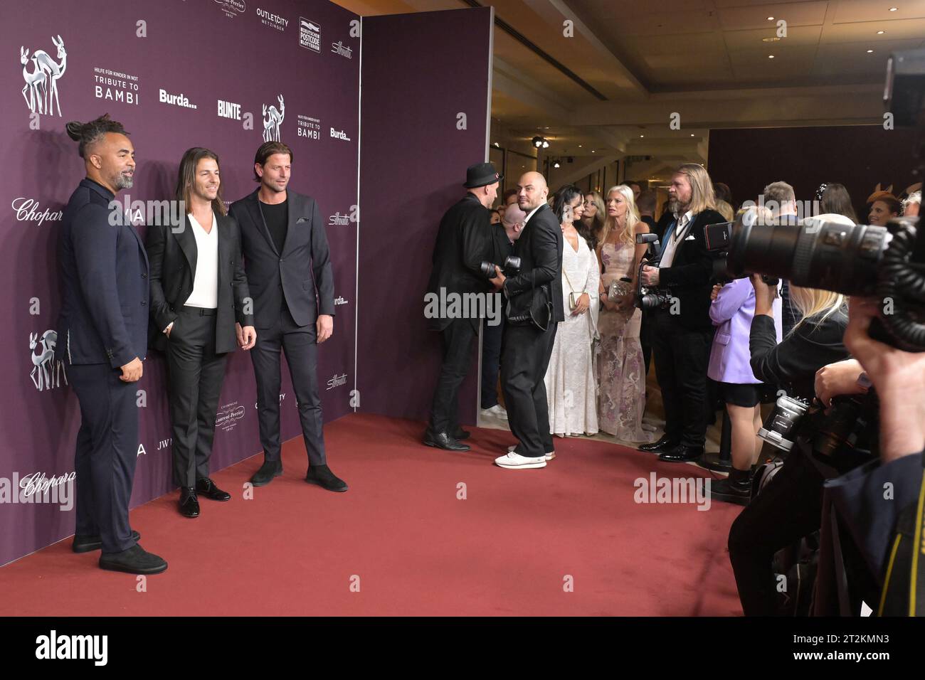 Berlin, Germany. 19th Oct, 2023. Patrick Owomoyela, Riccardo Basile and Roman Weidenfeller (from left) present themselves on the red carpet at the 'Tribute to Bambi' charity event. Credit: Michael Bahlo/dpa/Alamy Live News Stock Photo