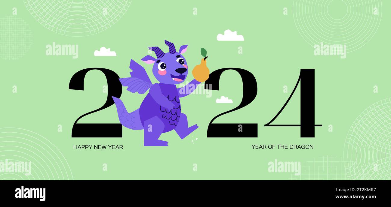 Dragon holding a pear. Summer time. Happy Chinese New Year 2024. Year