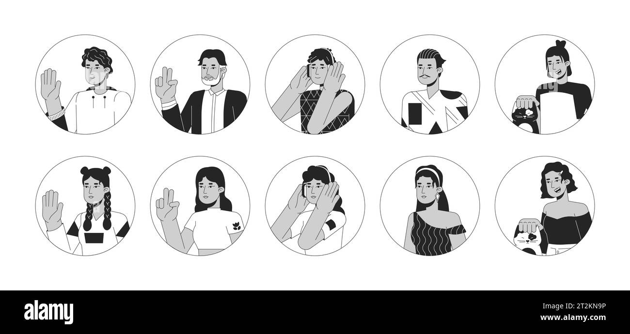Hispanic latin americans black and white 2D vector avatars illustration set Stock Vector