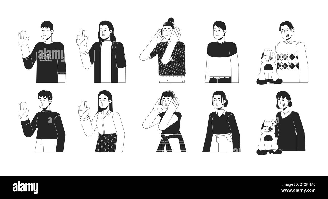 Casual asians black and white 2D line cartoon characters set Stock