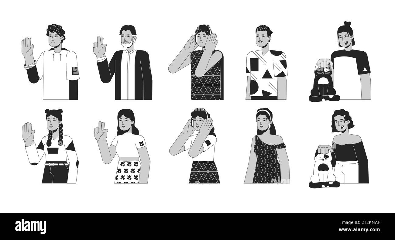 Hispanic latin americans black and white 2D line cartoon characters set Stock Vector